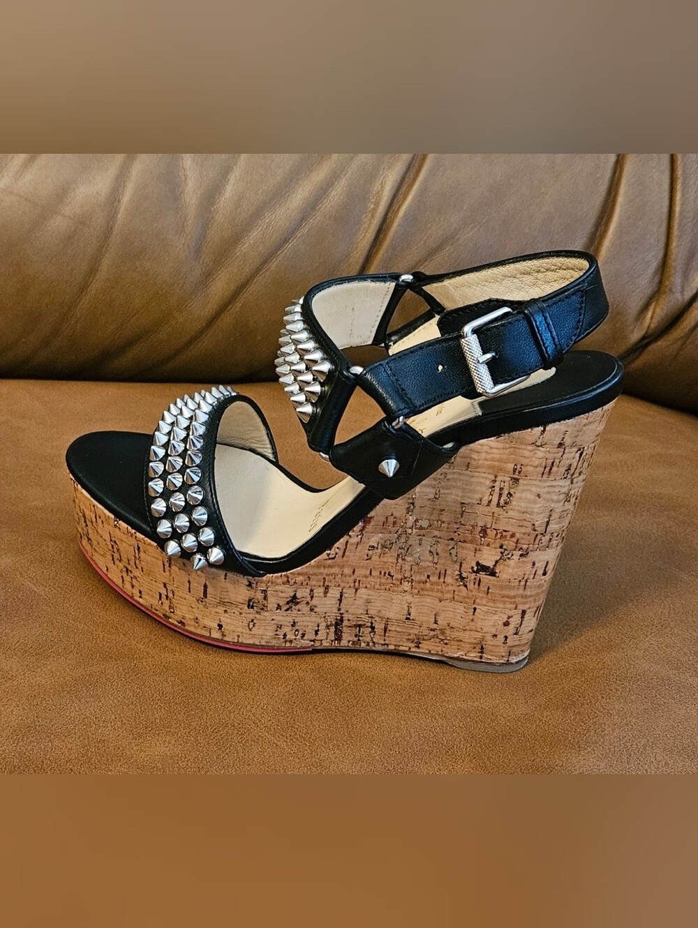 Christian Louboutin Black Leather Spikes-Studded Wedge Sandals Size 4.5 US - Picture 6 of 16